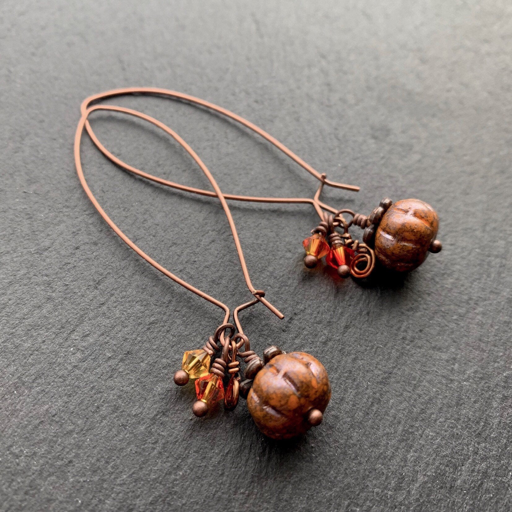 Pumpkin Harvest Earrings. Pressed Czech Glass Orange "Picasso" finish. Antiqued Bronze/Copper Wires - Darkmoon Fayre