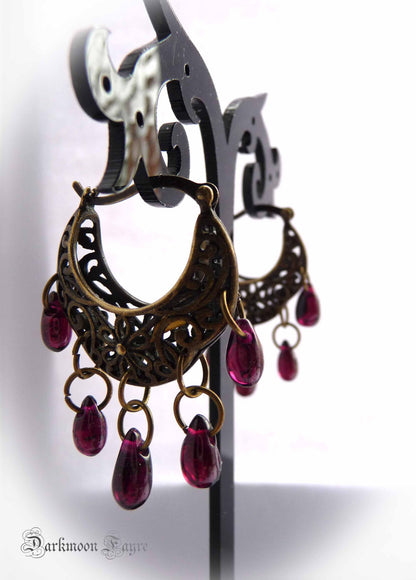 Gypsy Hoop Basket Earrings with Garnet Teardrops. Antiqued Bronze. Fusion Bellydancer. BoHo Chic. Temple Goddess. Tribal Filigree. January Birthstone. - Darkmoon Fayre