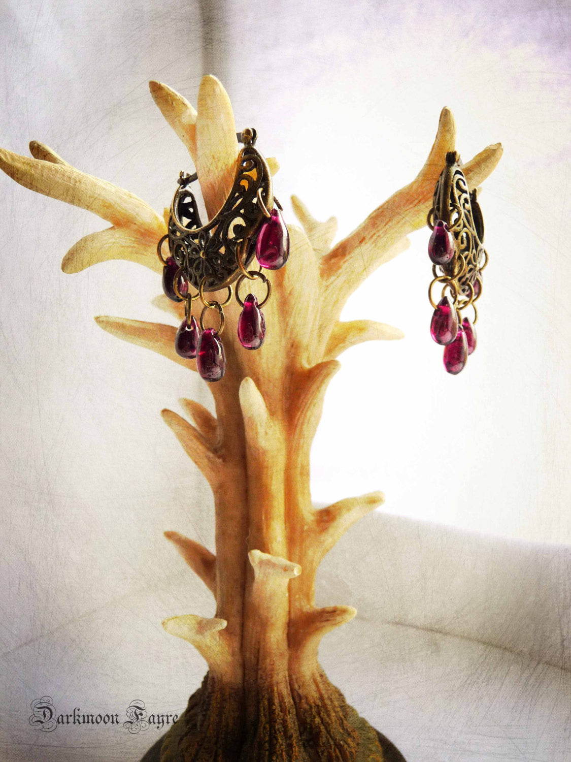 Gypsy Hoop Basket Earrings with Garnet Teardrops. Antiqued Bronze. Fusion Bellydancer. BoHo Chic. Temple Goddess. Tribal Filigree. January Birthstone. - Darkmoon Fayre