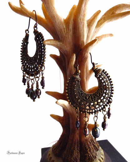 Gypsy Hoops in Antiqued Bronze, Dark Peacock Freshwater Pearls. Niobium Ear-wire (Hypo-allergenic) - Darkmoon Fayre