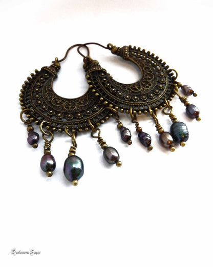 Gypsy Hoops in Antiqued Bronze, Dark Peacock Freshwater Pearls. Niobium Ear-wire (Hypo-allergenic) - Darkmoon Fayre