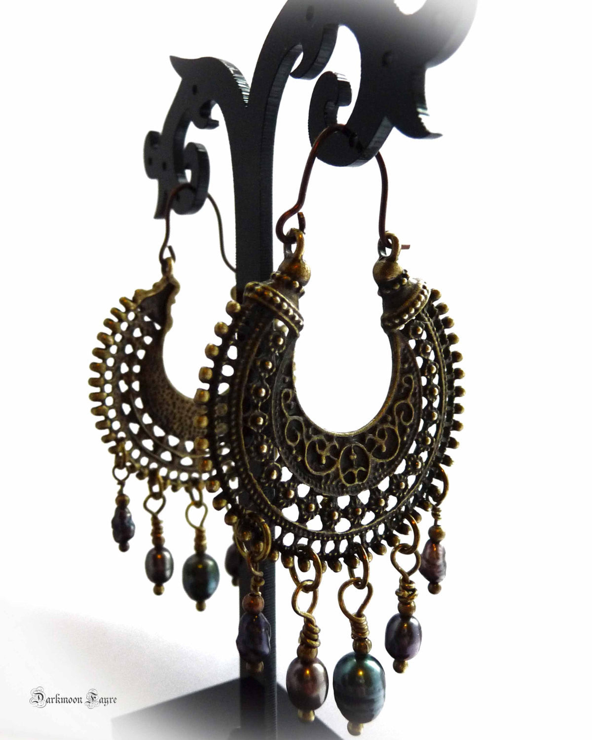 Gypsy Hoops in Antiqued Bronze, Dark Peacock Freshwater Pearls. Niobium Ear-wire (Hypo-allergenic) - Darkmoon Fayre