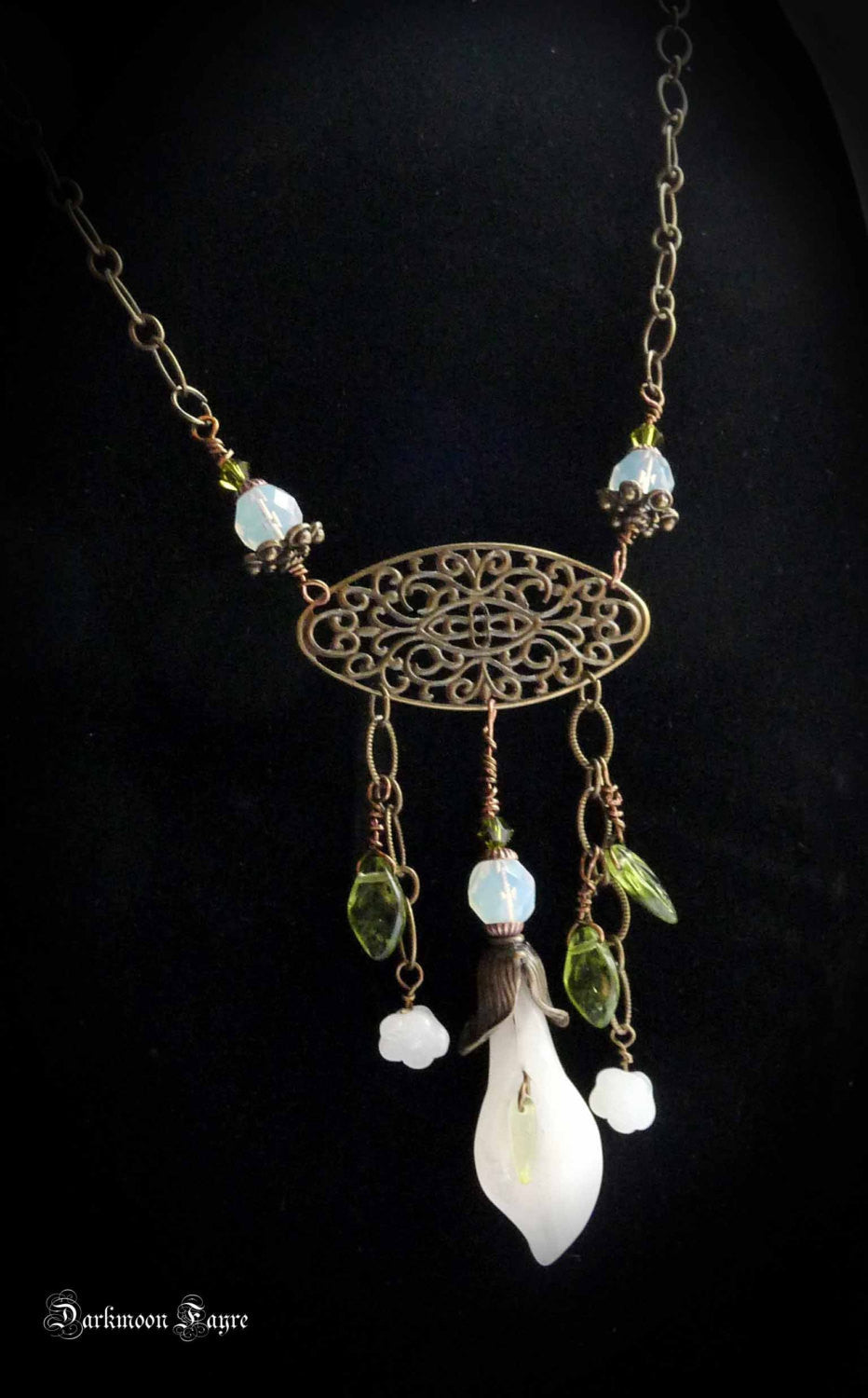 White Jade Calla Lilly Negligee Necklace. Art Nouveau inspired in antiqued bronze filigree. - Darkmoon Fayre