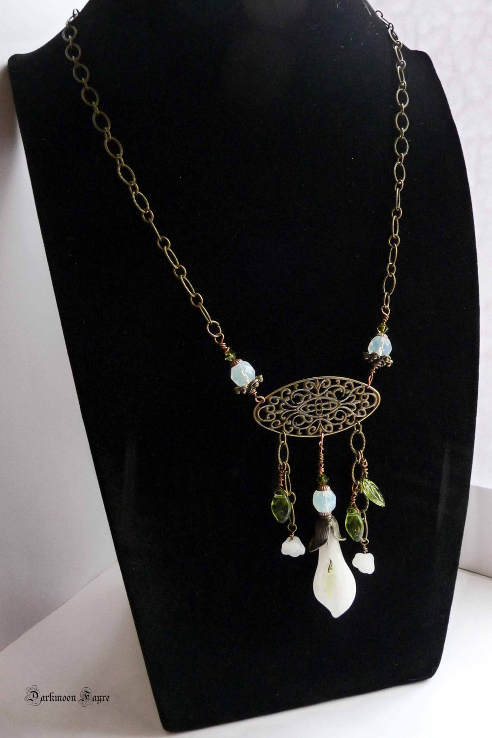 White Jade Calla Lilly Negligee Necklace. Art Nouveau inspired in antiqued bronze filigree. - Darkmoon Fayre