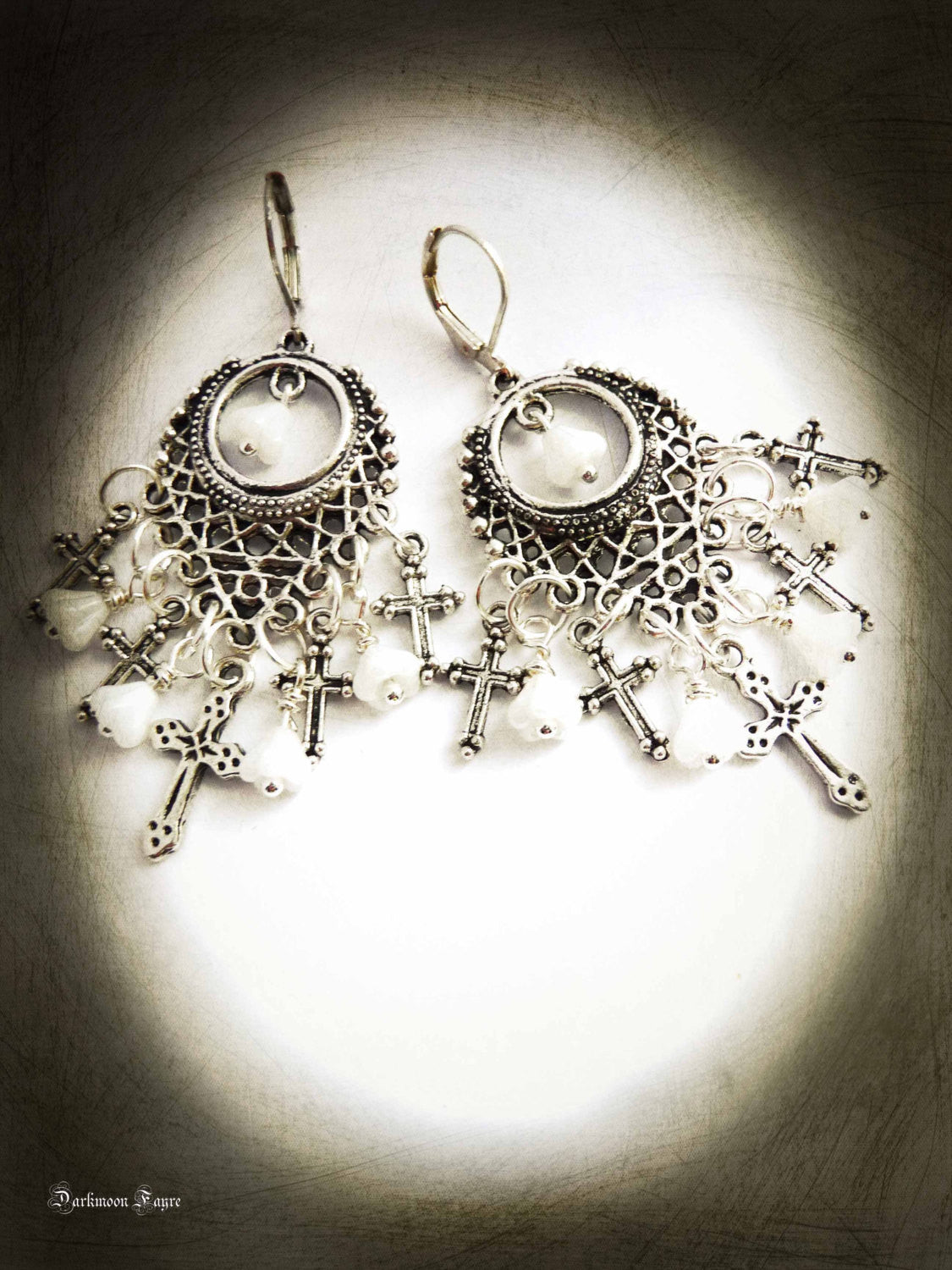 Vampire Slayer Chandelier Earrings, Glass Garlic Bulbs &Mini Crosses. Van Helsing. Vampire Hunter. Gothic. Tibetan Silver. Halloween. - Darkmoon Fayre