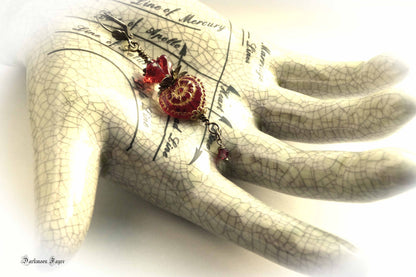 Victorian Valentine Earrings. Swarovski Crystal & Red Glass Heart & Flowers. Niobium Ear-wire Option - Darkmoon Fayre