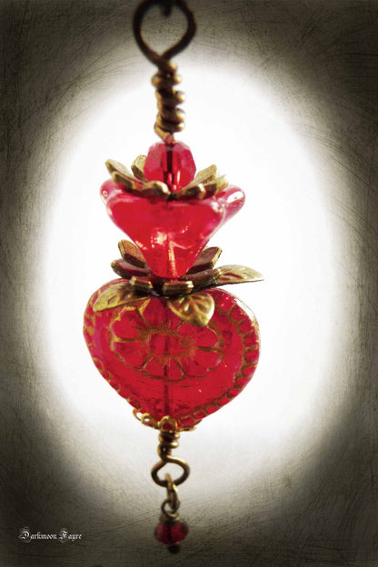 Victorian Valentine Earrings. Swarovski Crystal & Red Glass Heart & Flowers. Niobium Ear-wire Option - Darkmoon Fayre