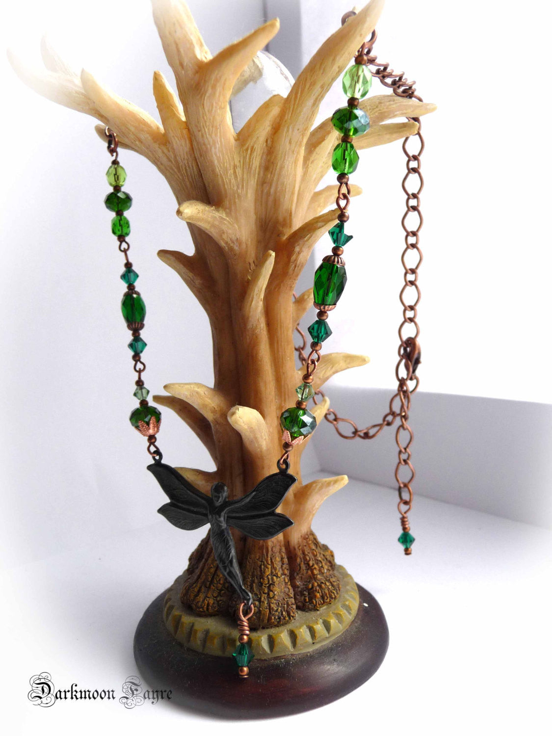 Absinthe Fairy Necklace. Ombré Green Fire Polished Czech Glass, Swarovski Crystals, Antiqued Copper. - Darkmoon Fayre
