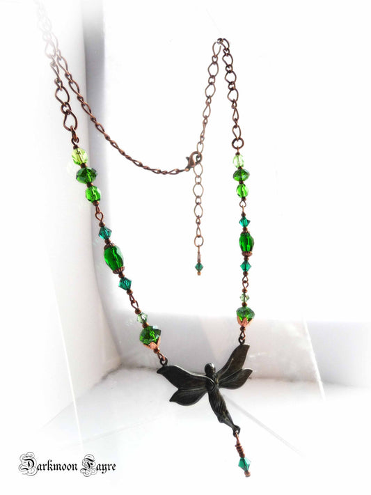 Absinthe Fairy Necklace. Ombré Green Fire Polished Czech Glass, Swarovski Crystals, Antiqued Copper. - Darkmoon Fayre