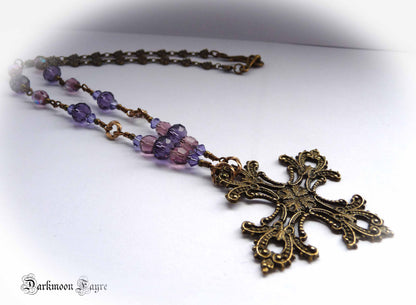 Gothic Cross Necklace. Purple and Lilac Swarovski Crystals & Fire Polished Glass. Antiqued Bronze - Darkmoon Fayre