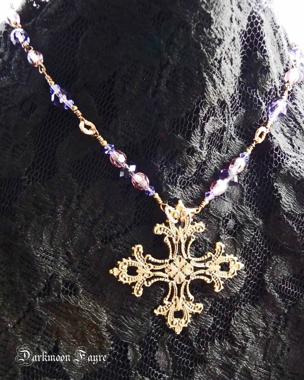 Gothic Cross Necklace. Purple and Lilac Swarovski Crystals & Fire Polished Glass. Antiqued Bronze - Darkmoon Fayre