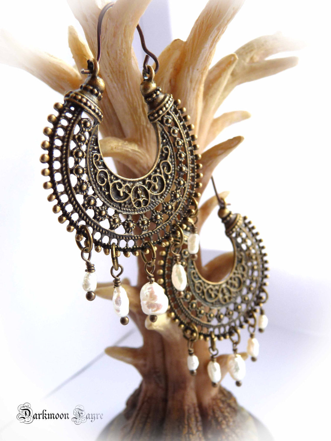 Antiqued Bronze Gypsy Hoops, Natural White/Ivory Freshwater Pearls. Hypo-allergenic Niobium Ear-wire - Darkmoon Fayre