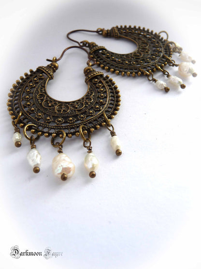 Antiqued Bronze Gypsy Hoops, Natural White/Ivory Freshwater Pearls. Hypo-allergenic Niobium Ear-wire - Darkmoon Fayre