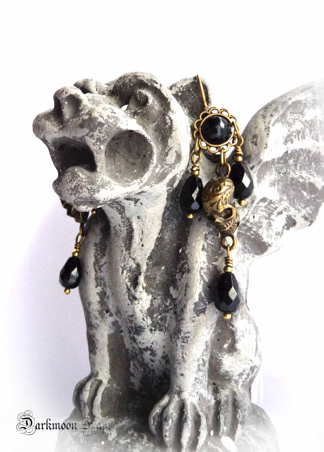 Memento Mori Chandelier Earrings. Black Fire Polished Glass Tear Drops & Bronze Tattooed Skulls. Day of the Dead. Neo-Victorian. Halloween - Darkmoon Fayre
