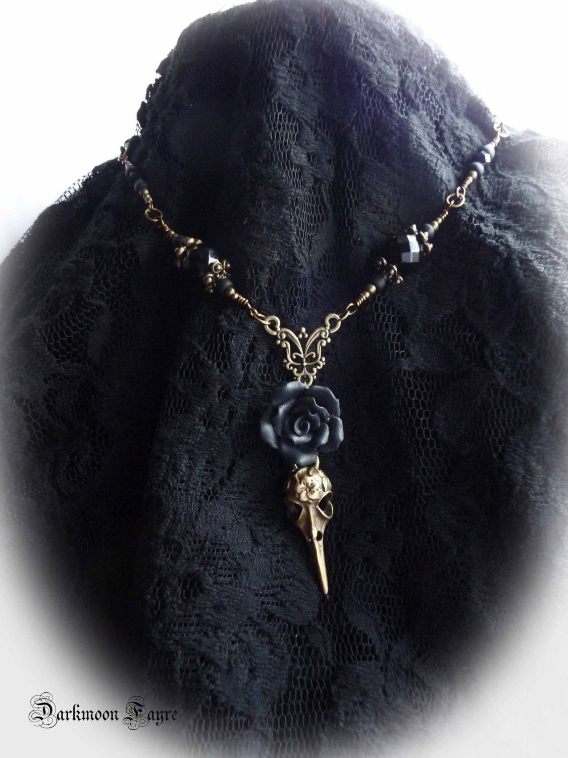 ***Black Rose & Tattooed Bronze Bird Skull Rosary Necklace/ Choker. Jet Black Faceted Vintage, Fire Polished and Matte Black Glass Beads - Darkmoon Fayre