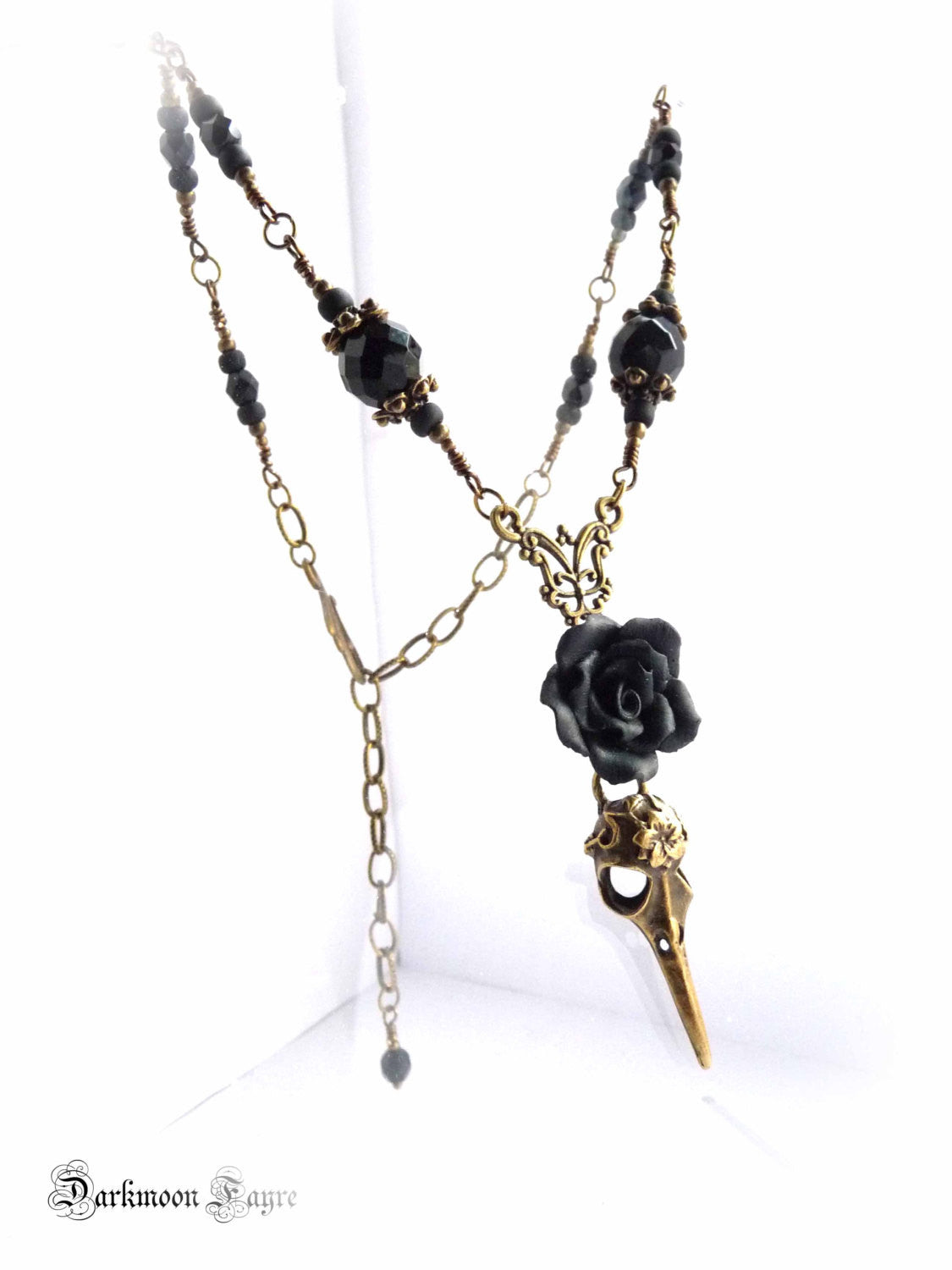 ***Black Rose & Tattooed Bronze Bird Skull Rosary Necklace/ Choker. Jet Black Faceted Vintage, Fire Polished and Matte Black Glass Beads - Darkmoon Fayre