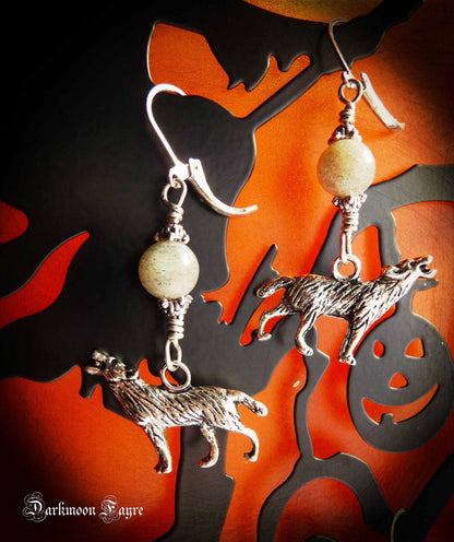 Canis Lupus & Labradorite Full Moon Earrings. Wolf/ Werewolf. For Fans of Supernatural Fairy-Tales. Spirit Animal. Silver. - Darkmoon Fayre