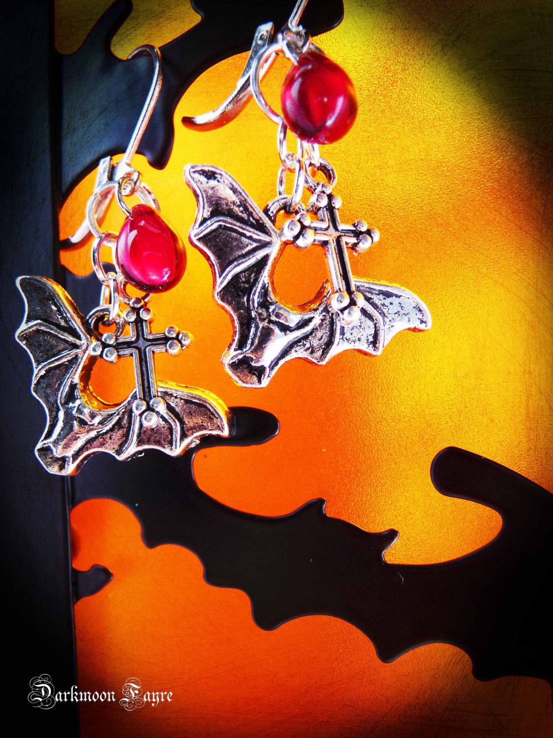 Vampire Slayer Earrings. Bats, Glass Blood Drops & Crosses. Vampire Hunter Gothic Everyday Earrings - Darkmoon Fayre