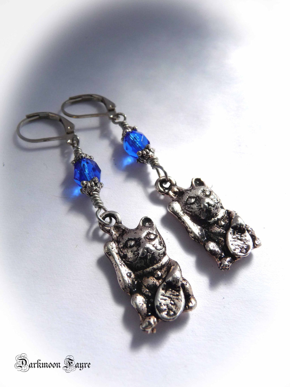 Maneki Neko Lucky Cat Earrings. Cobalt Blue Glass Beads. 925 Sterling Silver Ear-wire Option - Darkmoon Fayre