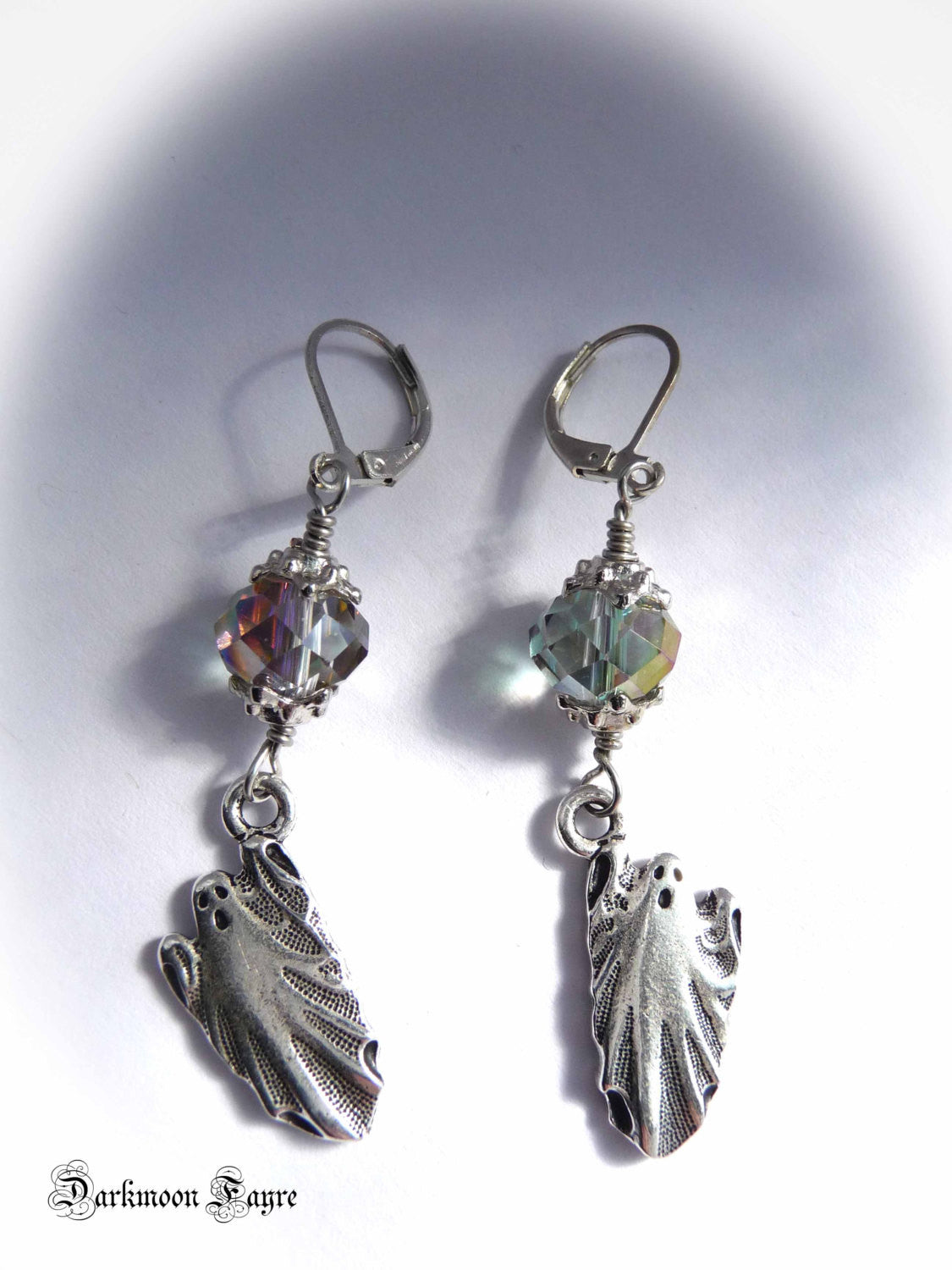 Ghost & Moon Earrings. Cast Pewter Ghost. Aurora Borealis Glass Crystal Moons. 925 & Titanium Option - Darkmoon Fayre