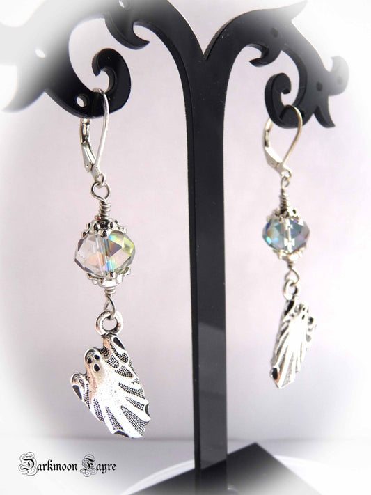 Ghost & Moon Earrings. Cast Pewter Ghost. Aurora Borealis Glass Crystal Moons. 925 & Titanium Option - Darkmoon Fayre