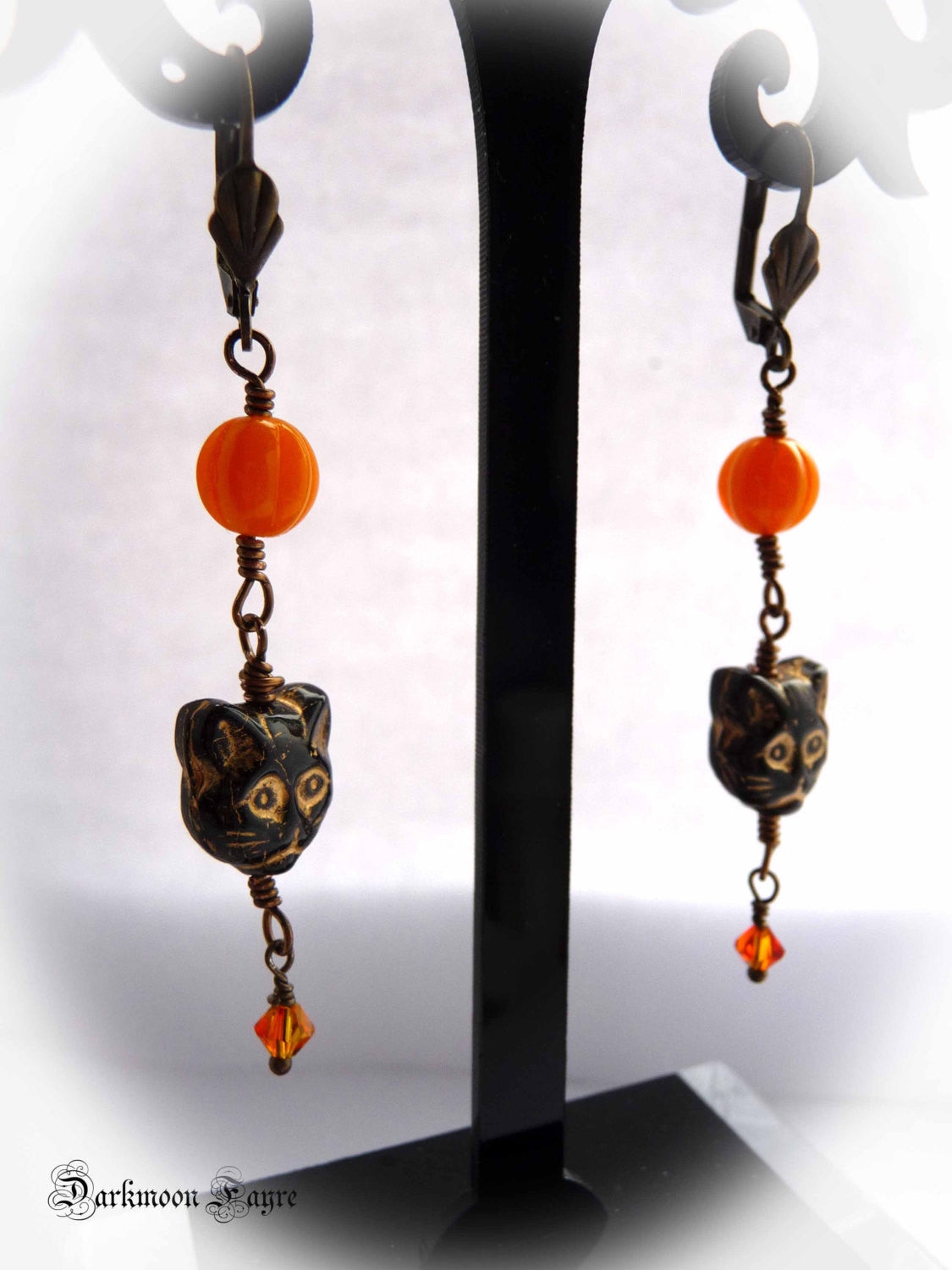 Black Cat Face and Pumpkin Bronze Earrings. Swarovski Fire Opal Crystal. Pressed Glass. Halloween. - Darkmoon Fayre