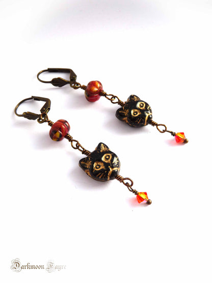 Black Cat & Pumpkin Earrings. Fire Opal Swarovski. Antiqued Bronze. Niobium Option. Halloween Gift - Darkmoon Fayre