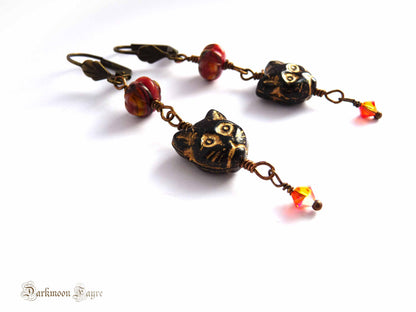 Black Cat & Pumpkin Earrings. Fire Opal Swarovski. Antiqued Bronze. Niobium Option. Halloween Gift - Darkmoon Fayre