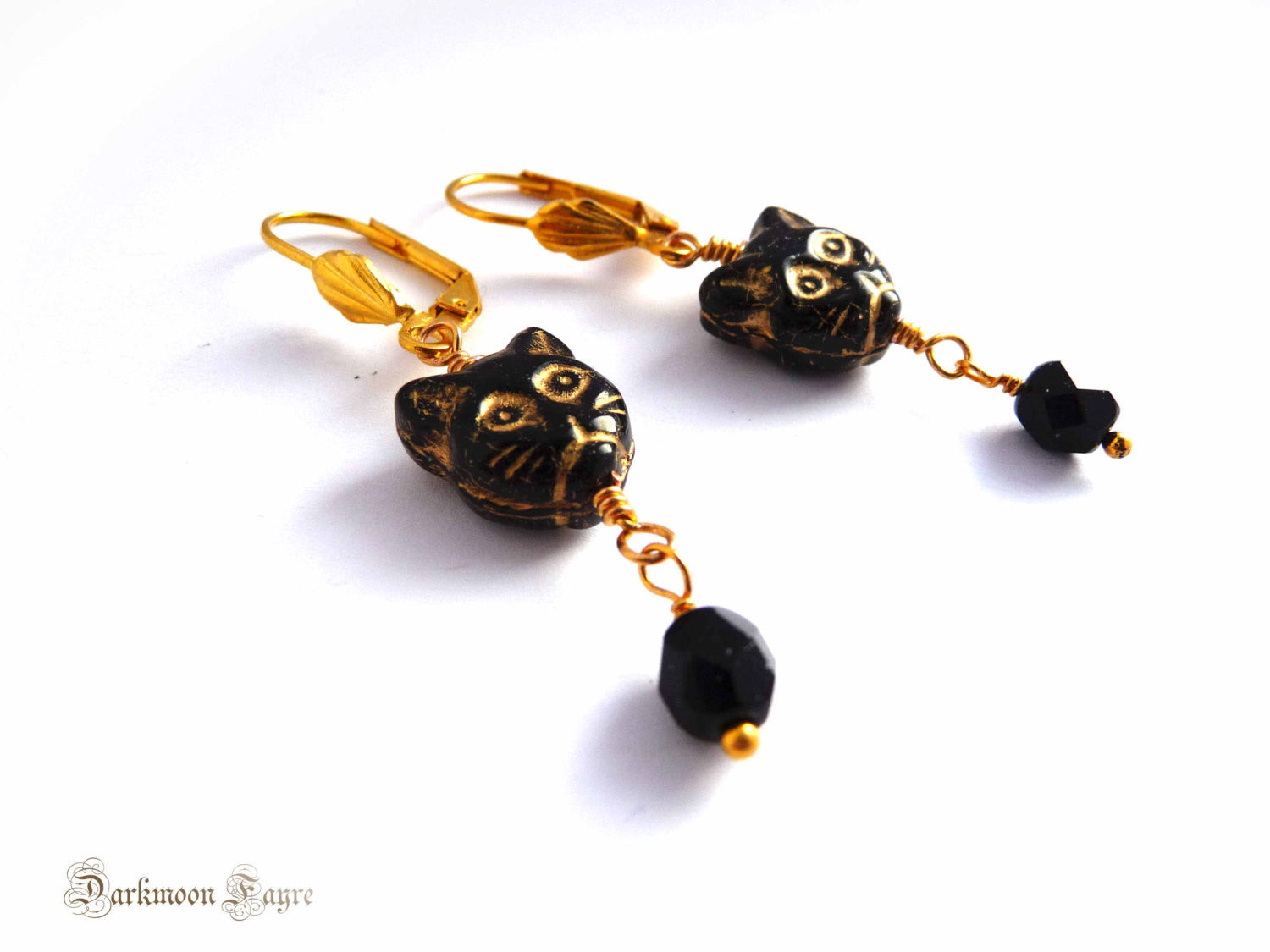 Black Glass Cat Face & Black Faceted Bead Earrings. Czech Pressed and Fire Polished Glass. Hand Wired Wrapped. Yellow Gold Plate Findings. - Darkmoon Fayre