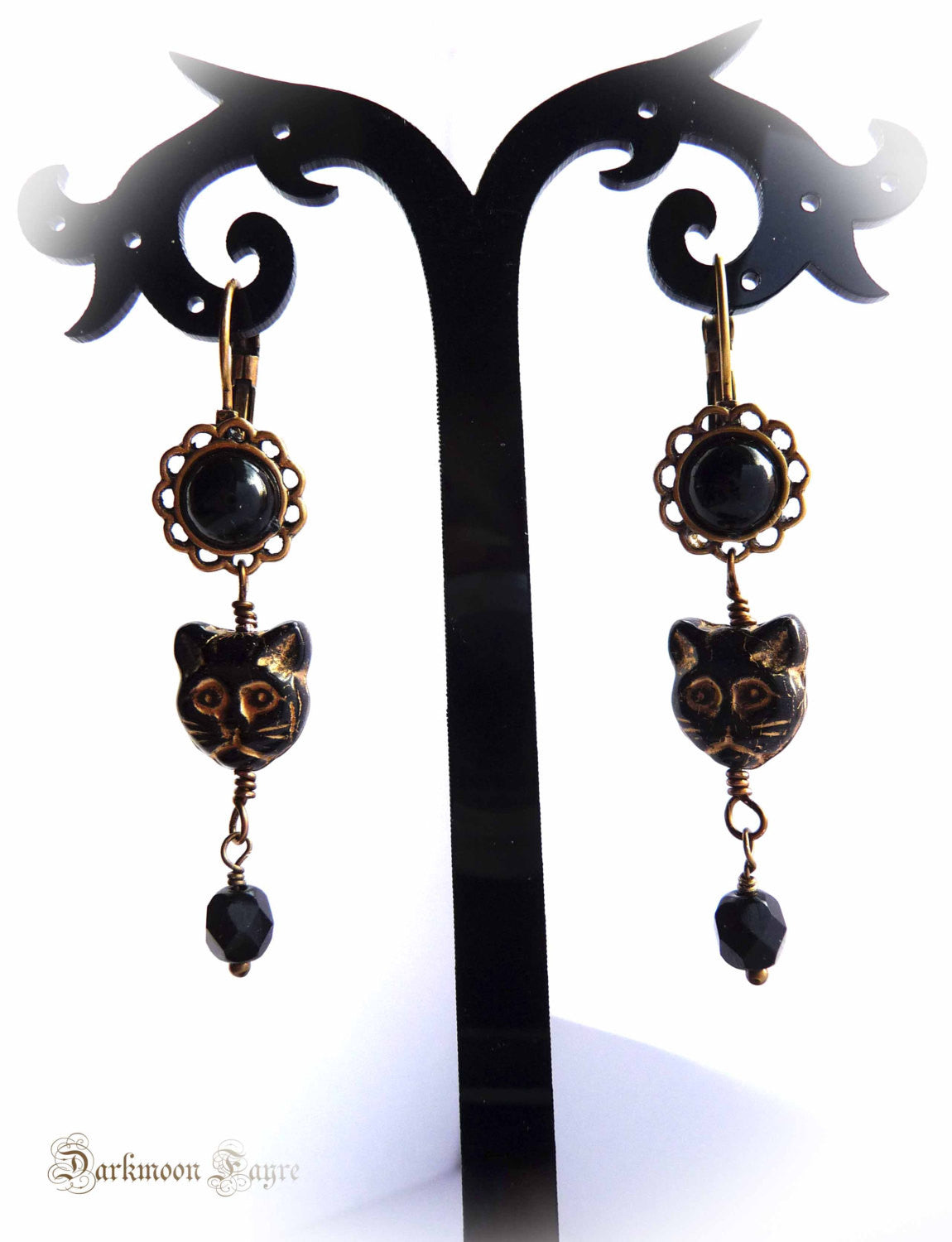 Black Cat Face Earrings. Czech Pressed and Fire Polished Faceted Glass. Antique Style Bronze - Darkmoon Fayre