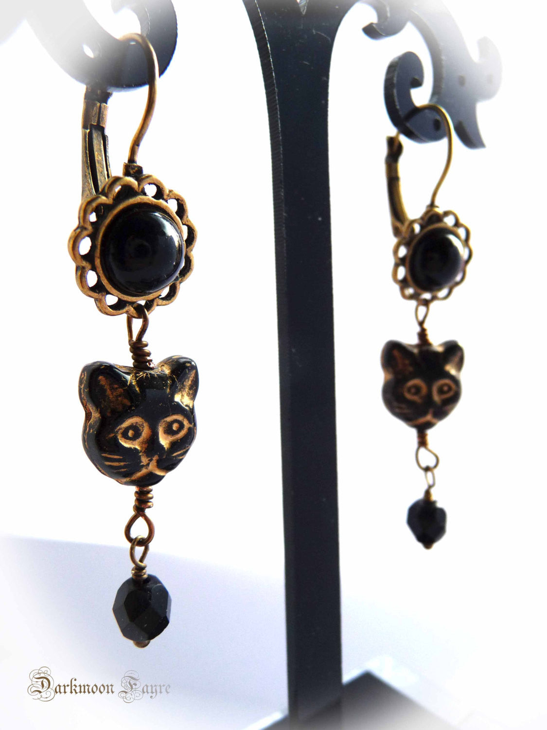 Black Cat Face Earrings. Czech Pressed and Fire Polished Faceted Glass. Antique Style Bronze - Darkmoon Fayre