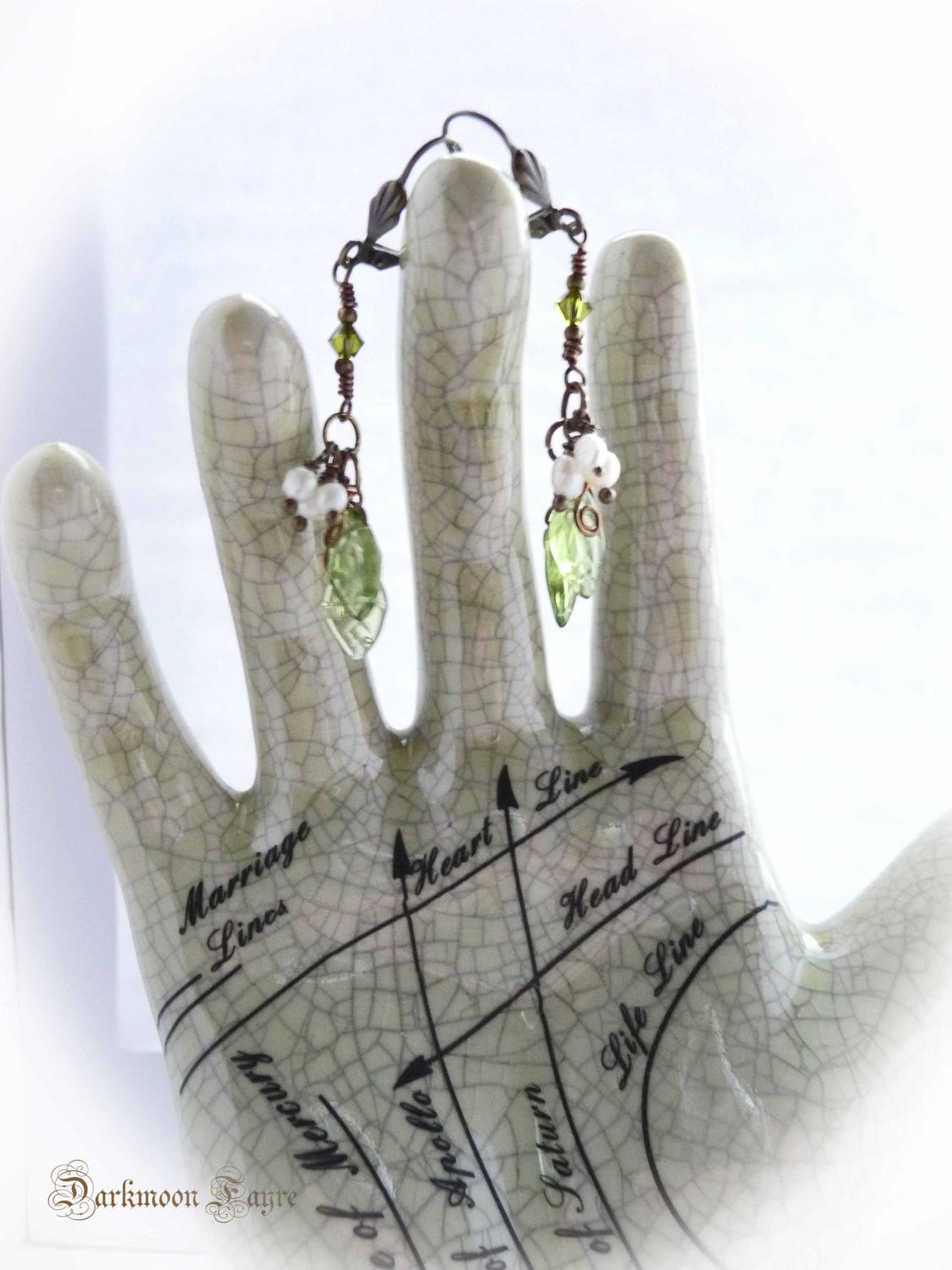 Mistletoe Earrings. Freshwater Pearl & Glass Leaves. Antiqued Bronze. Olive Swarovski Crystals - Darkmoon Fayre