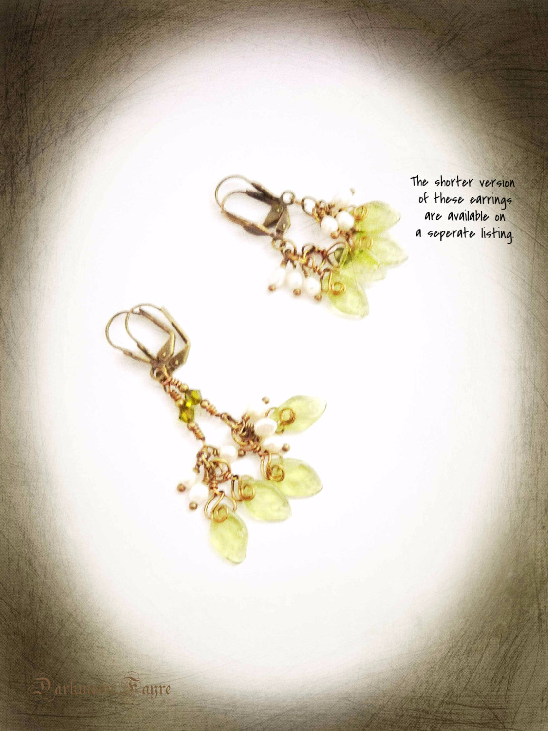 Mistletoe Earrings. Freshwater Pearl & Glass Leaves. Antiqued Bronze. Olive Swarovski Crystals - Darkmoon Fayre