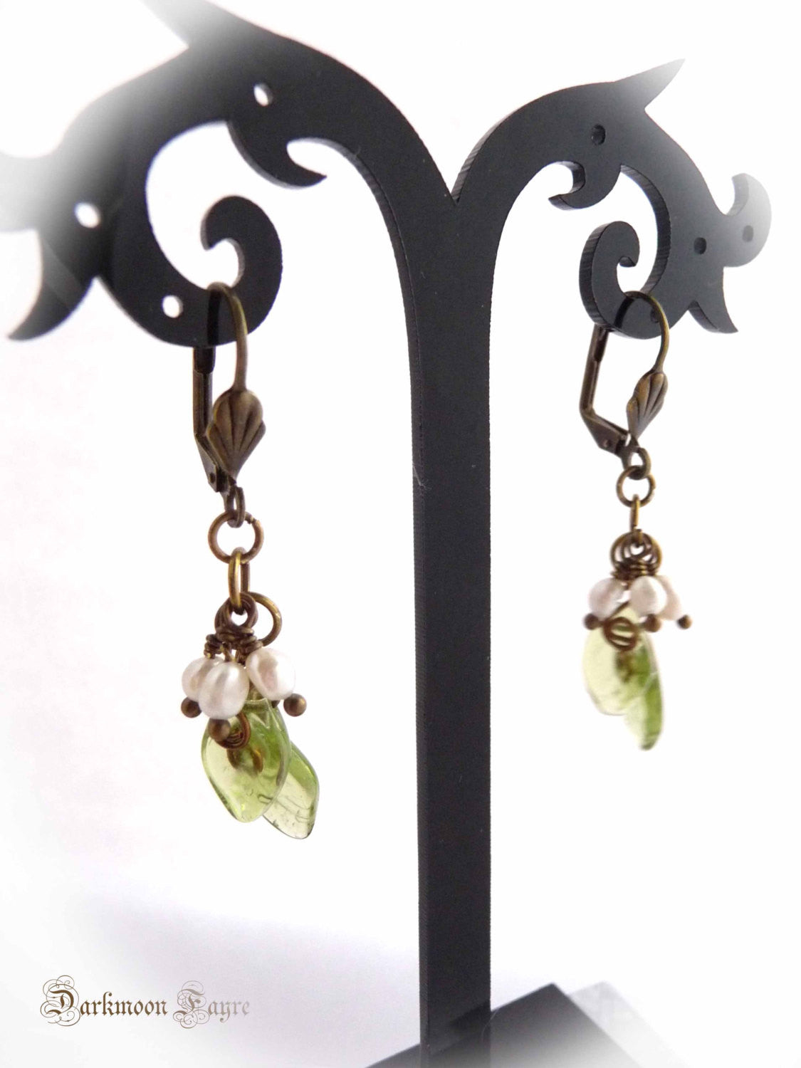 Mistletoe Earrings. Freshwater Pearl & Glass Leaves. Hand Wired Antiqued Bronze - Darkmoon Fayre