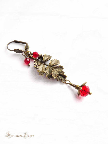 Holly Berry & Leaf Earrings. Antiqued Bronze. Vibrant Red Swarovski. Niobium Ear-wire option - Darkmoon Fayre