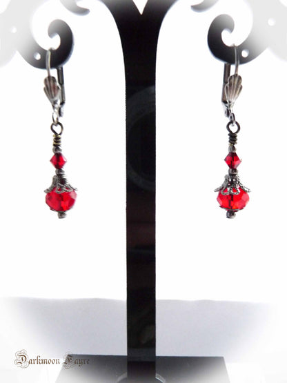Vibrant Red Victorian Bauble Gunmetal Earrings. Swarovski Crystal. Titanium Option. Christmas & Yule - Darkmoon Fayre