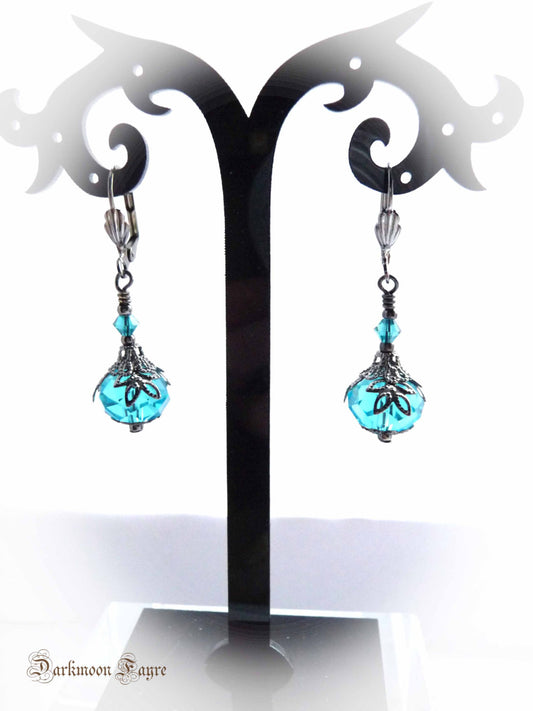 Victorian Bauble Serenity Blue Earrings. Swarovski Crystal & Gunmetal. Niobium Ear-wire Option - Darkmoon Fayre