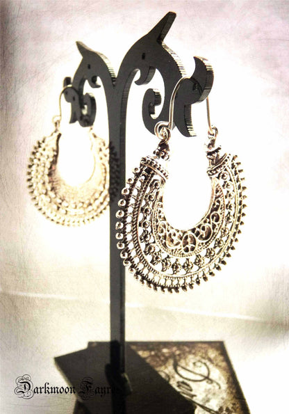 Tribal Gypsy Hoops in Antiqued Silver. 925 Sterling Silver Ear-wire. Cast Tibetan Silver/Pewter Hoop - Darkmoon Fayre