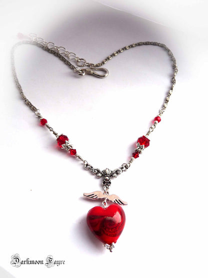 Wings of Love Choker. Tattoo Inspired Red Glass Heart &Wings. Hand Wired. Lampwork Heart. Floral Rosary Style Connector. Swarovski Crystals - Darkmoon Fayre
