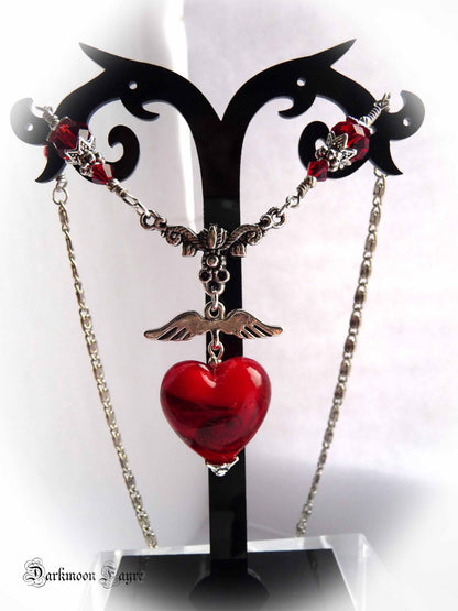 Wings of Love Choker. Tattoo Inspired Red Glass Heart &Wings. Hand Wired. Lampwork Heart. Floral Rosary Style Connector. Swarovski Crystals - Darkmoon Fayre