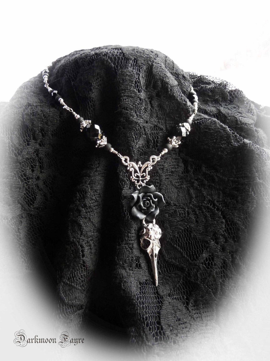 ***Black Rose & Tattooed Silver Bird Skull Rosary Necklace/ Choker. Jet Black Faceted Vintage, Fire Polished and Matte Black Glass Beads - Darkmoon Fayre