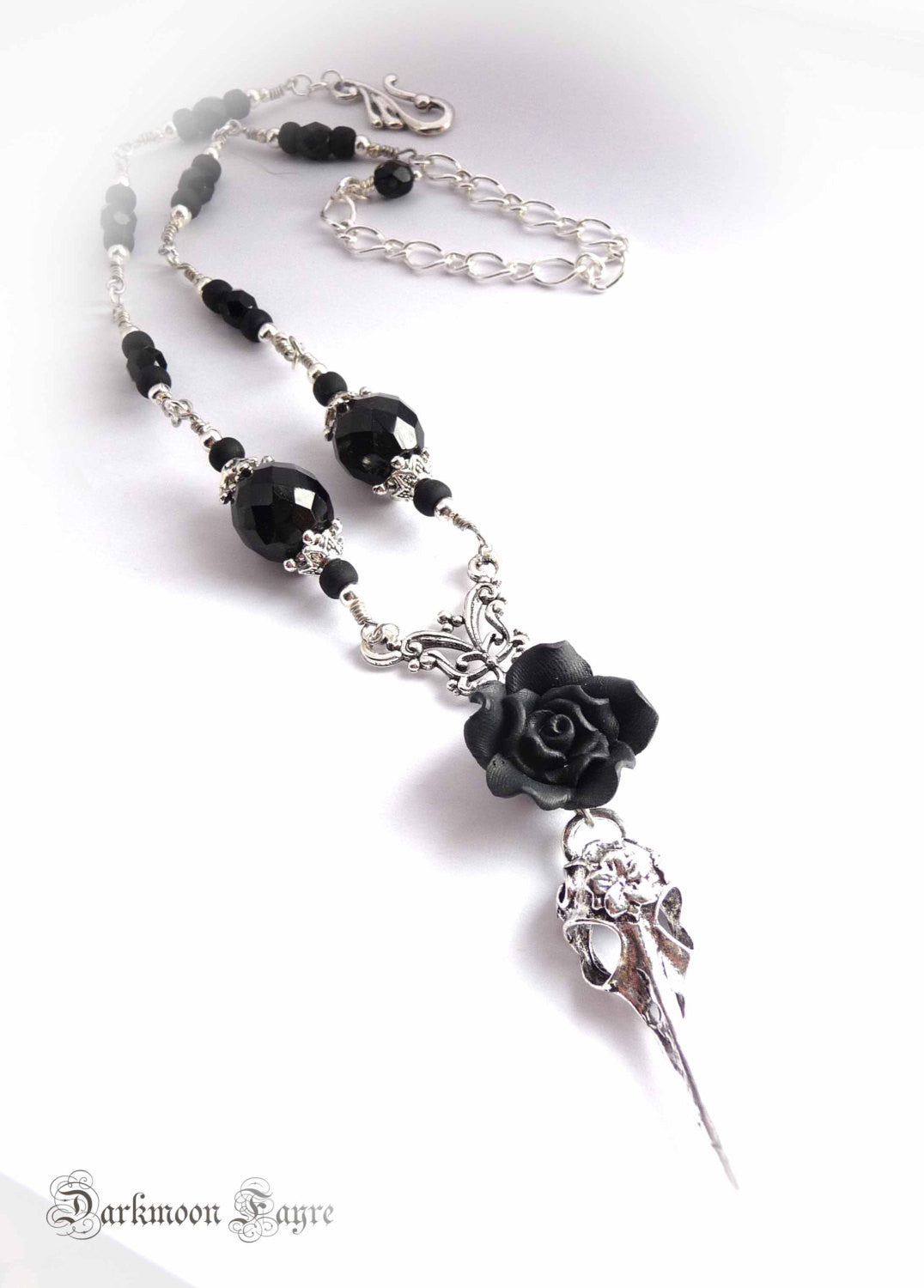 ***Black Rose & Tattooed Silver Bird Skull Rosary Necklace/ Choker. Jet Black Faceted Vintage, Fire Polished and Matte Black Glass Beads - Darkmoon Fayre
