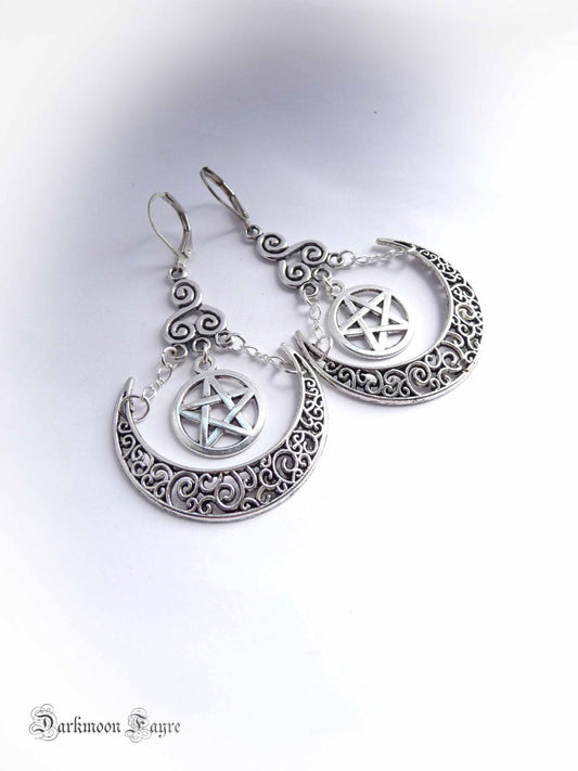 Artemis Crescent Moon Goddess Earrings. Pentacle, Triskele, Tibetan Silver. Gypsy Tribal Style - Darkmoon Fayre