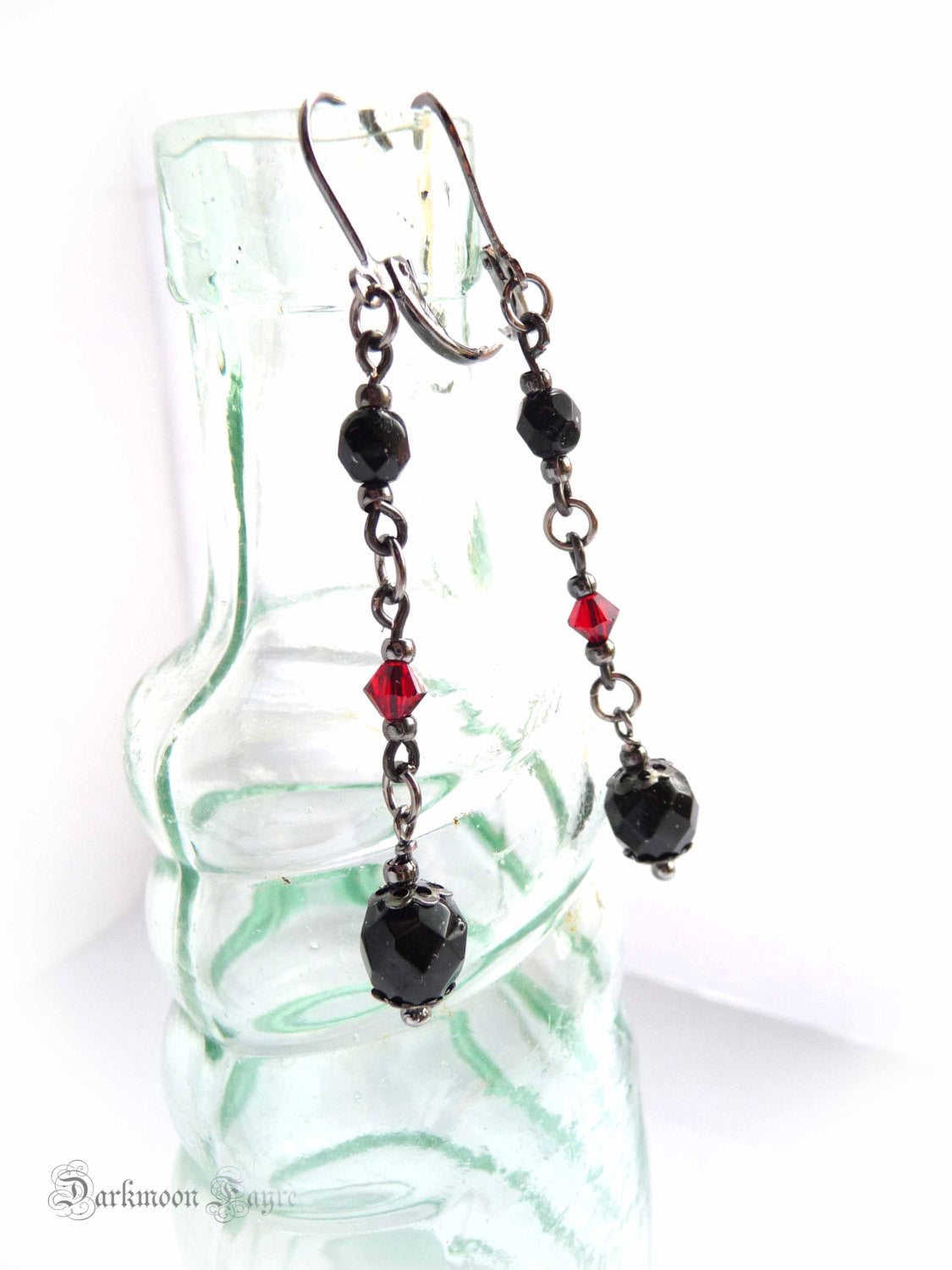 Victorian Vampire Earrings. Blood Red Swarovski Crystals, Black Czech Fire Polished Faceted Beads, Gunmetal Findings & Wire. - Darkmoon Fayre