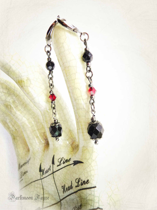 Victorian Vampire Earrings. Blood Red Swarovski Crystals, Black Czech Fire Polished Faceted Beads, Gunmetal Findings & Wire. - Darkmoon Fayre
