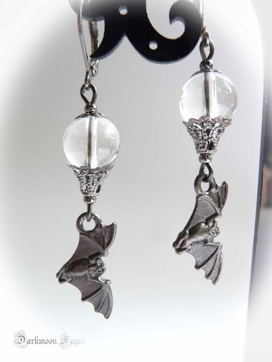 Clear Quartz Moon & Flying Bat Earrings. Black Oxidised Pewter, Gunmetal Wire.Niobium Earwire Option - Darkmoon Fayre