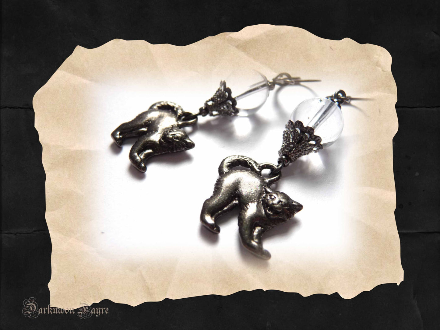 Quartz Crystal Ball & Black Cat Earrings. Gunmetal. 925 & Niobium Earwire Options. Halloween Gift - Darkmoon Fayre