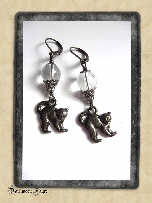 Quartz Crystal Ball & Black Cat Earrings. Gunmetal. 925 & Niobium Earwire Options. Halloween Gift - Darkmoon Fayre