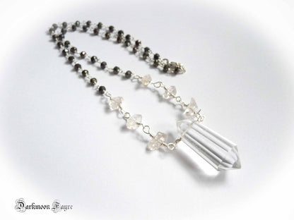 Herkimer Diamond & Clear Quartz Point Necklace. Black Spinel Rosary Chain. All 925 Sterling Silver - Darkmoon Fayre
