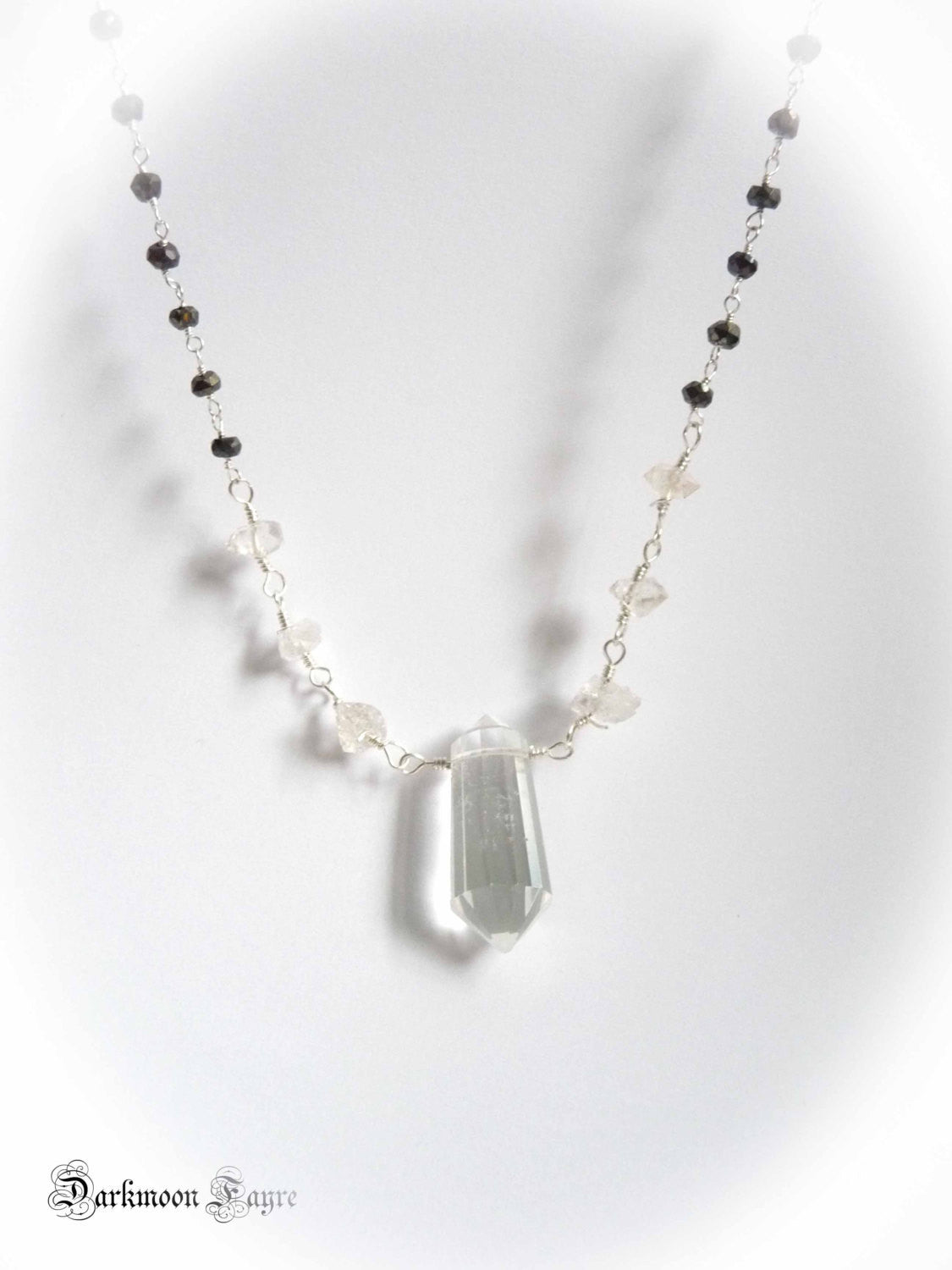 Herkimer Diamond & Clear Quartz Point Necklace. Black Spinel Rosary Chain. All 925 Sterling Silver - Darkmoon Fayre